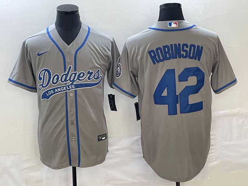 Mens Los Angeles Dodgers #42 Jackie Robinson Grey With Patch Cool Base Stitched Jersey